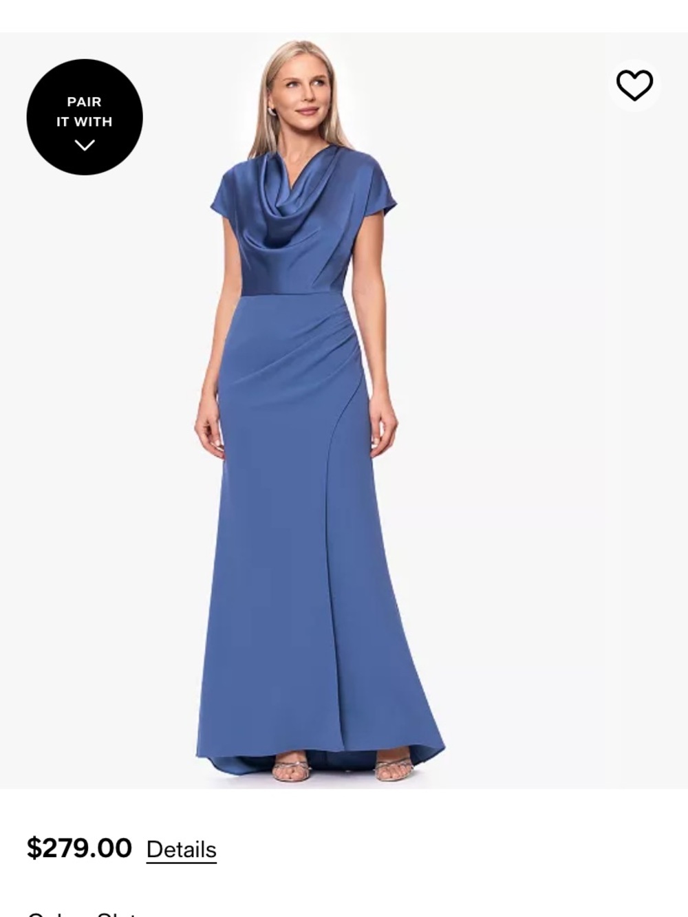 Betsy & Adam One-Shoulder Draped Blue Evening Gown